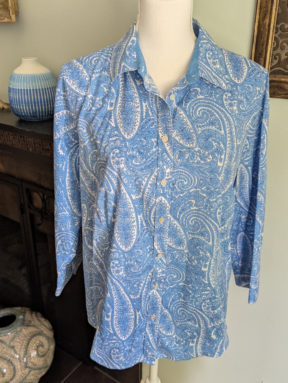 Talbots Women's 14 Blue Paisley Blouse Top Button Up  3/4 Sleeve Cotton Blend